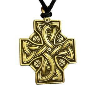 Ornate gold tone Celtic cross 1.5” x 2” black silk 12” cord makers mark